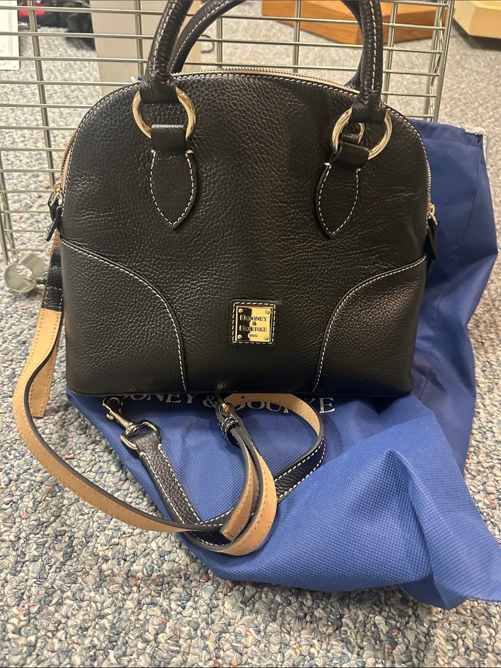 Dooney & Bourke Black Pebbled Leather Dome Satchel with Gold Hardware
